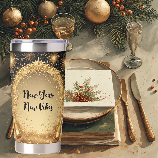 New Year New Vibes Midnight Gold Champagne Sparkle Thermobecher