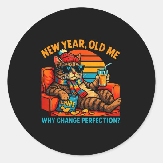 New Year Old Me Funny Cat Retro Lazy Meme Gift  Runder Aufkleber (Vorderseite)