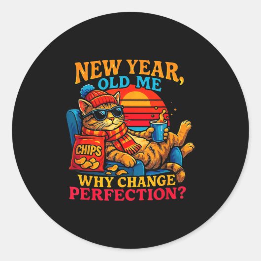 New Year Old Me Funny Cat Retro Lazy Meme Gift  Runder Aufkleber (Vorderseite)