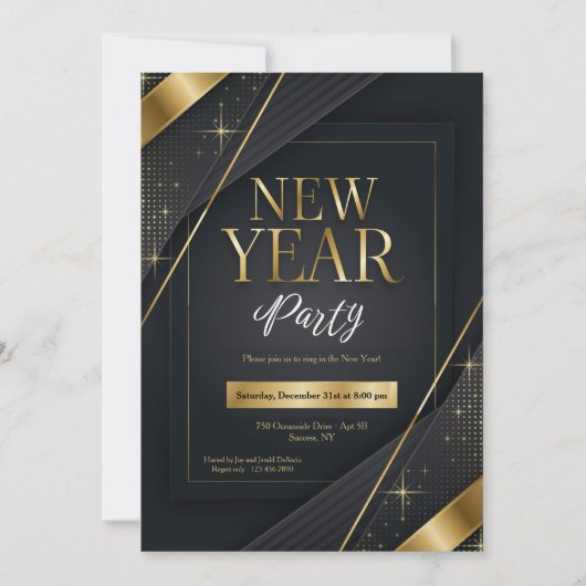 New Year Party Invitation Black and Gold Einladung (Vorderseite)