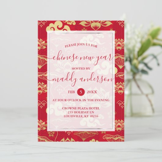 New Year Red Gold Lotus Floral Party Einladung (Stehend Vorderseite)
