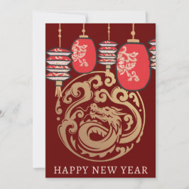 New Year Red Lantern Gold Dragon Feiertagskarte