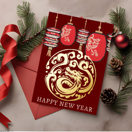 New Year Red Lantern Gold Dragon Folien Feiertagskarte