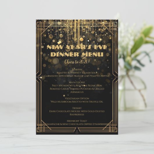 New Year’s Eve Menu | Elegant Black & Gold Glitter Einladung (Stehend Vorderseite)