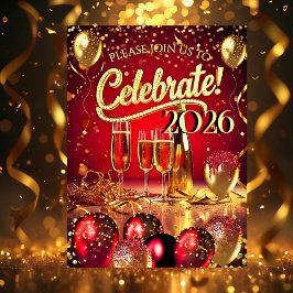 New Year’s Eve Party Red Gold Champagne Streamers Einladung
