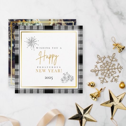 New Years Black & White Kariert 1 Foto Gold Script Mitteilungskarte