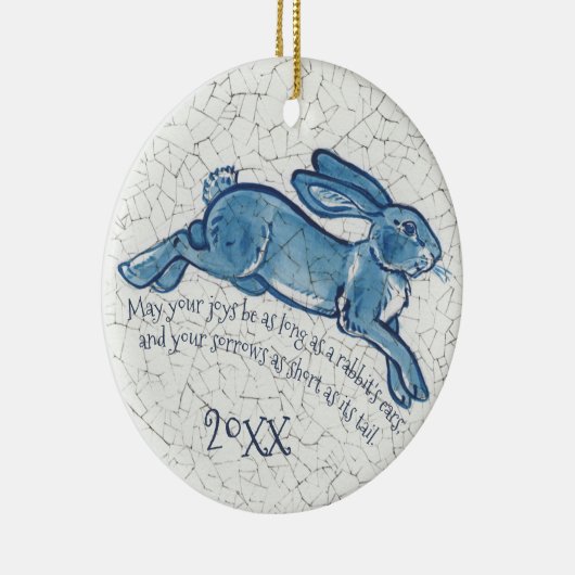 New Years Blue White Rabbit Bunny Delft Dedham Keramik Ornament (Rechts)