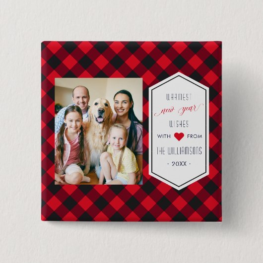 New Years Buffalo Kariert Holiday Gruß Foto Button (Vorderseite)