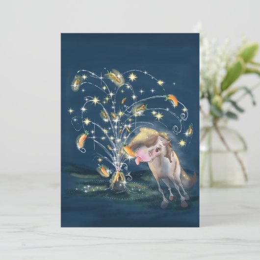 New Year's Card with a Horse and Carrot Firework Einladung (Stehend Vorderseite)
