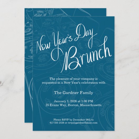 New Year's Day Brunch Tablescape Invitation Einladung (Vorne/Hinten)