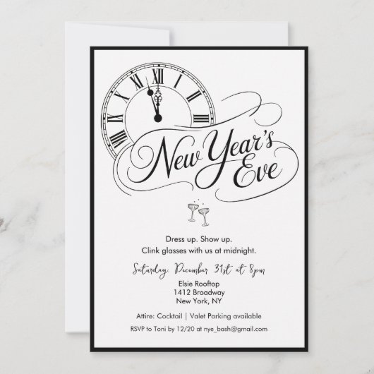 New Year's Eve Black and White Cocktail Party Einladung (Vorderseite)
