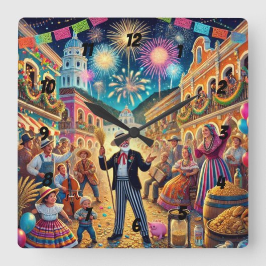 New Year's Eve Celebration El Año Viejo Quadratische Wanduhr (Vorderseite)