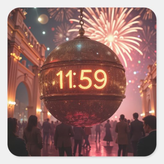 New Year's Eve Countdown Clock with Fireworks Quadratischer Aufkleber (Vorderseite)