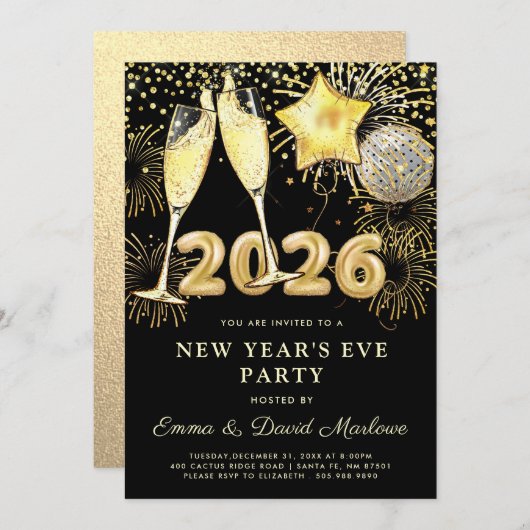 New Year's Eve Party 2026 Gold Black Modern Einladung (Vorne/Hinten)