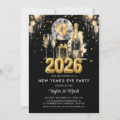 New Year's Eve Party Balck Gold Glitter Champagne Einladung (Vorderseite)