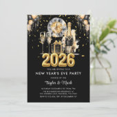 New Year's Eve Party Balck Gold Glitter Champagne Einladung (Stehend Vorderseite)