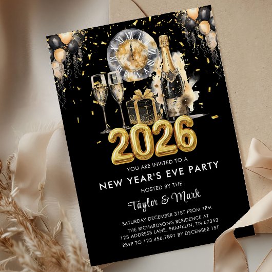 New Year's Eve Party Balck Gold Glitter Champagne Einladung
