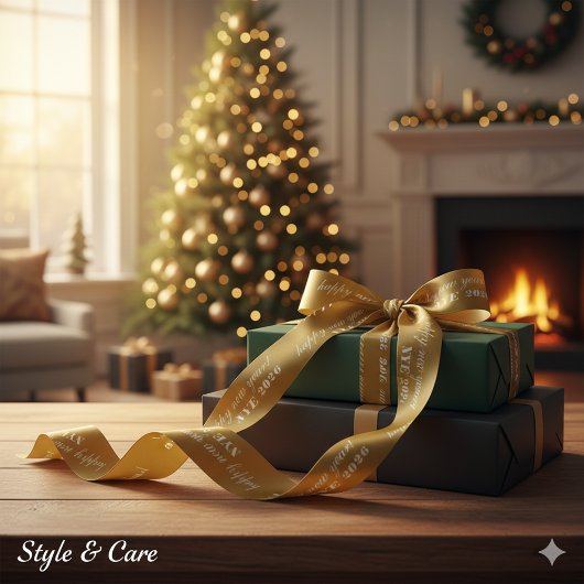 New Years Eve Satin Ribbon with Yellow Brown Tones Satinband