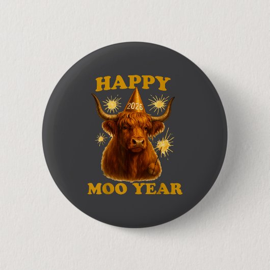 New Years Highland Cow Scottish Nye Party Farm Ani Button (Vorderseite)