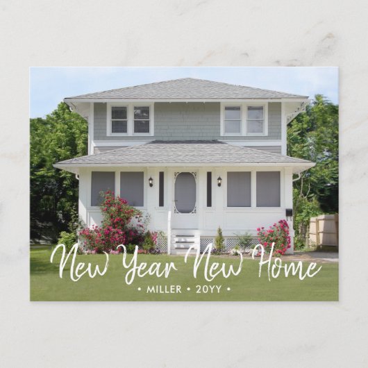 New Years New Zuhause Script Foto Holiday Moving Ankündigungspostkarte (Vorderseite)