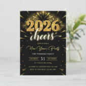 New Year's Party 2026 Gold Black Modern Einladung (Stehend Vorderseite)