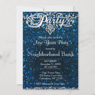 New Years Party   Blau und Silber Einladung