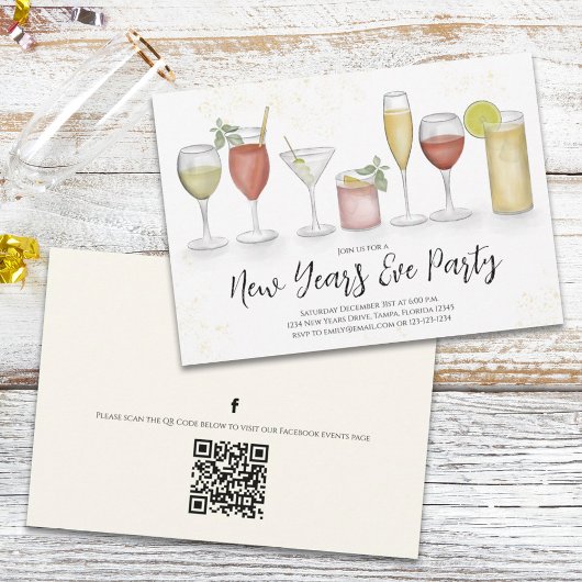 New Years Party Champagne Watercolor QR Code Veran Einladung