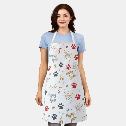 New Year's Paw Print Celebration Pattern Apron Schürze (Getragen)