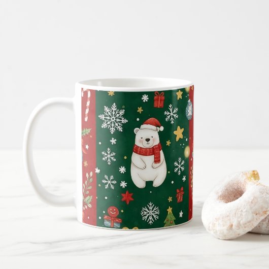 New Year's print, bear, Christmas tree, fox, bird, Kaffeetasse (Mit Donut)