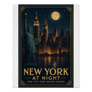 New York bei Nacht Retro-Silhouette – Vintage Stad Poster