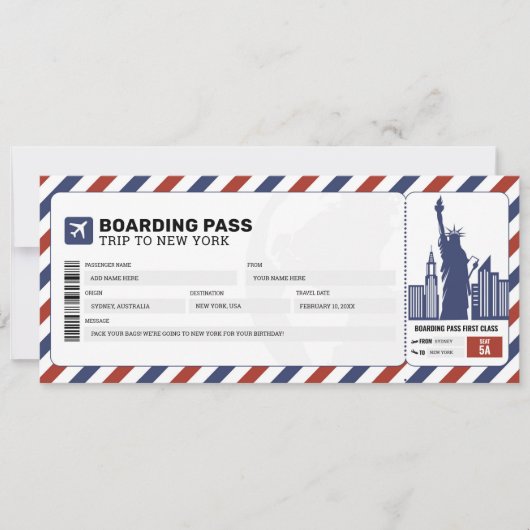 New York Boarding Pass Reiseroute Flugzeug Ticket Einladung (Vorderseite)