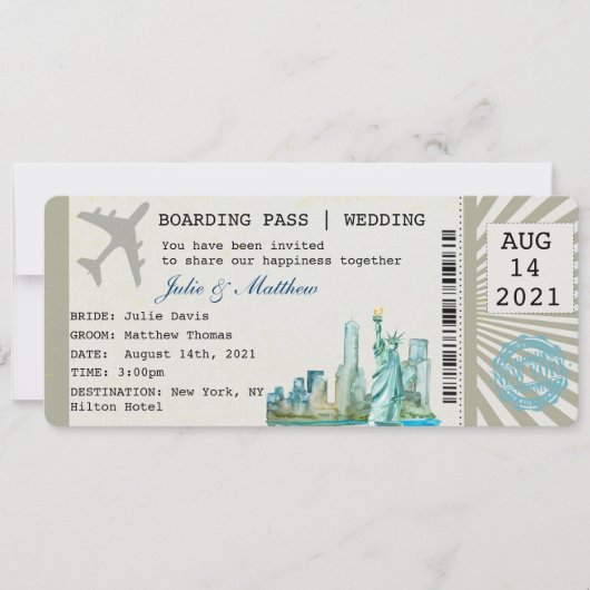 New York Boarding Pass Ticket Hochzeit Einladung (Vorderseite)