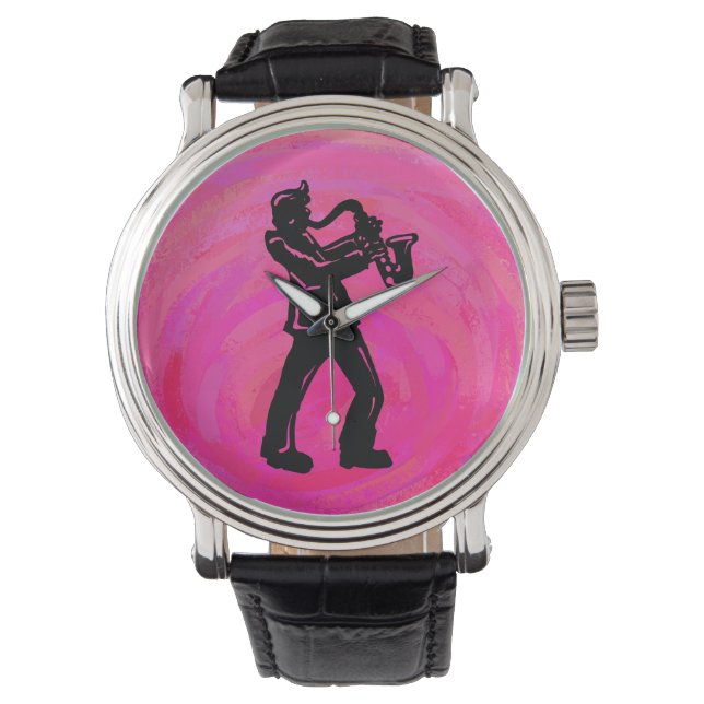 New York Boogie Nights Saxophon Hot Pink Armbanduhr (Vorderseite)