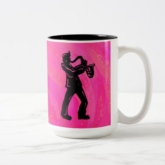 New York Boogie Nights Saxophon Hot Pink Zweifarbige Tasse (Rechts)