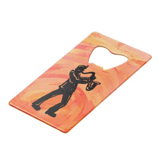 New York Boogie Nights Saxophone Orange Geldbeutel Flaschenöffner (Vorderseite Schrägansicht)