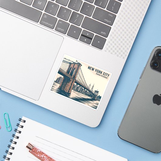 New York Brooklyn Bridge Skyline Bold Retro Travel Aufkleber (Laptop mit iPhone)