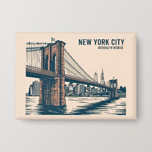 New York Brooklyn Bridge Skyline Bold Retro Travel Button (Vorderseite)