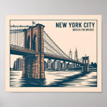 New York Brooklyn Bridge Skyline Bold Retro Travel