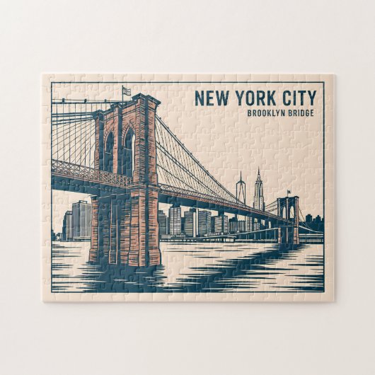 New York Brooklyn Bridge Skyline Bold Retro Travel Puzzle (Horizontal)