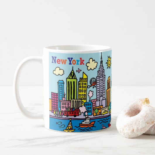 New York Cartoons Sightseeing Gebäude Kaffeetasse (Mit Donut)