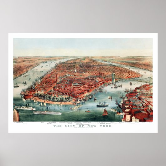 New York City, 1870 Bird's Eye View Map Print Poster (Vorne)