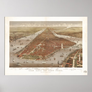 New York City 1884 Antike Panoramakarte Poster