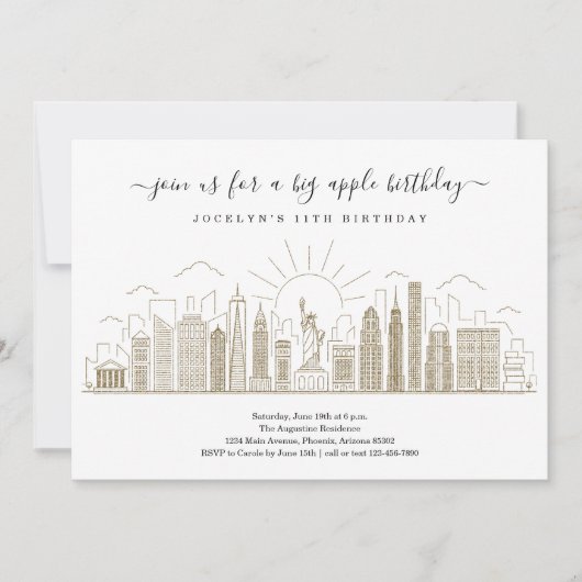 New York City Big Birthday Apple Party Gold Einladung (Vorderseite)