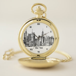 New York City Black Modern Skyline Travel NYC Taschenuhr