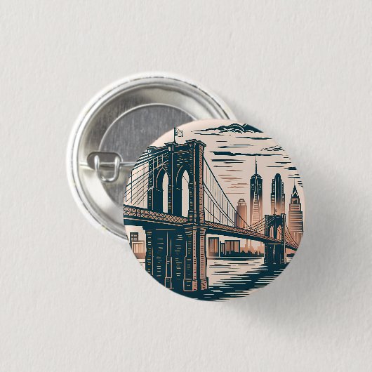 New York City Brooklyn Bridge Bold Retro Skyline Button (Vorne & Hinten)