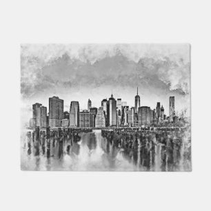 New York City Manhattan Skyline - Schwarz-Weiß Fußmatte