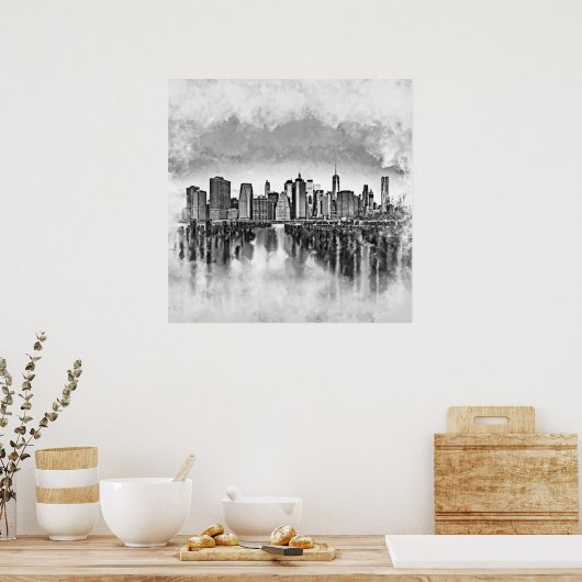New York City Manhattan Skyline - schwarz-weiß Poster (Küche)