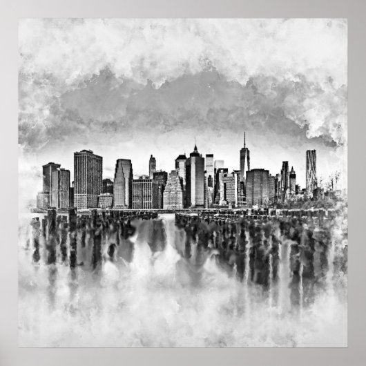 New York City Manhattan Skyline - schwarz-weiß Poster (Vorne)