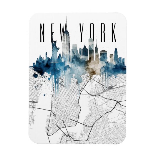 New York City Map Aquarellskyline Magnet (Vertikal)