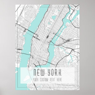 New York City Map, Black, White und Blue Poster